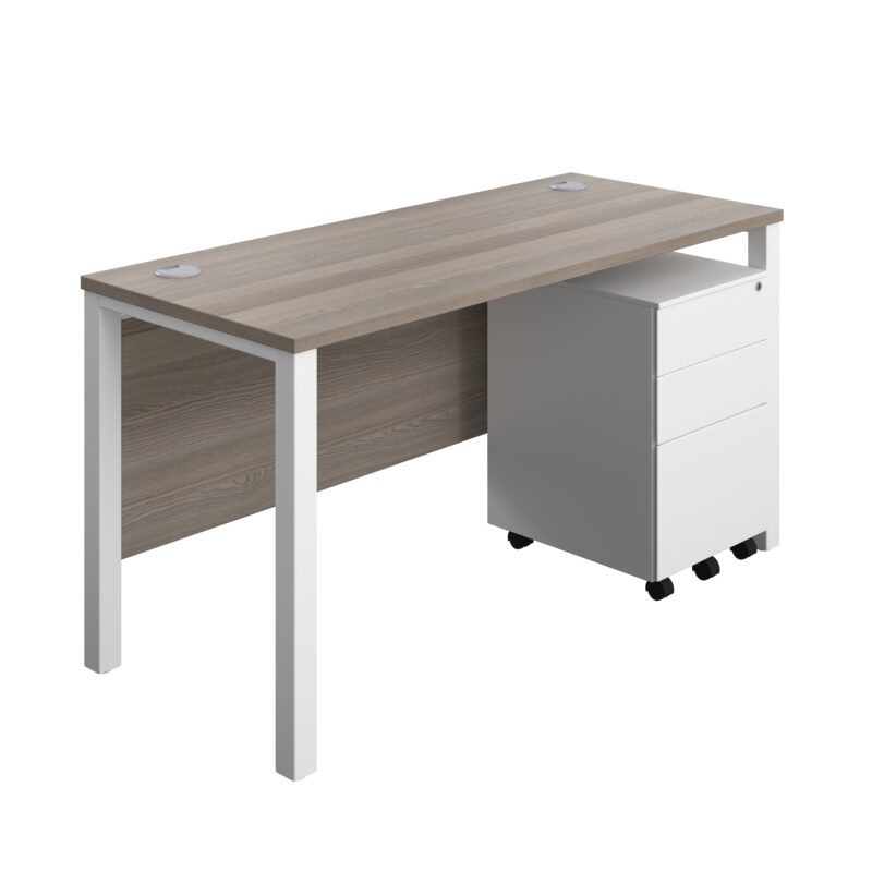 Goal Post Rectangular Desk + 3 Drawer Steel Pedestal | 1400x600 | Grey oak/White