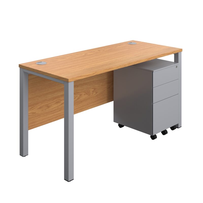 Goal Post Rectangular Desk + 3 Drawer Steel Pedestal | 1400x600 | Nova oak/Silver