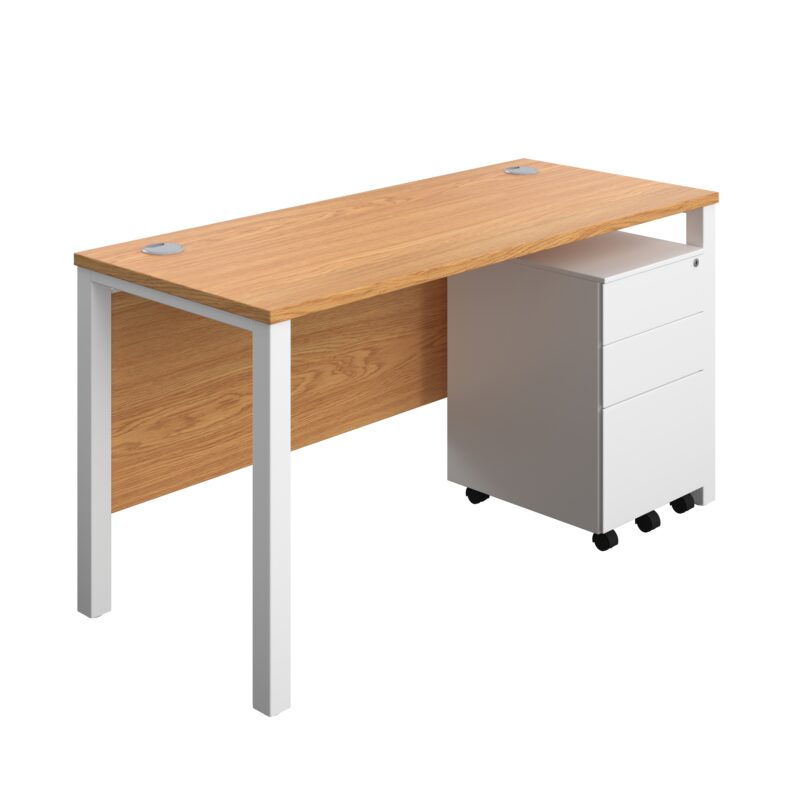 Goal Post Rectangular Desk + 3 Drawer Steel Pedestal | 1400x600 | Nova oak/White