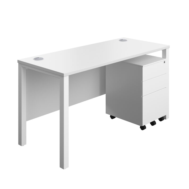 Goal Post Rectangular Desk + 3 Drawer Steel Pedestal | 1400x600 | White/White