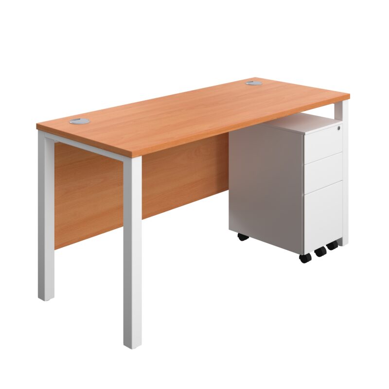 Goal Post Rectangular Desk + 3 Drawer Slimline Steel Pedestal | 1400x600 | Beech/White