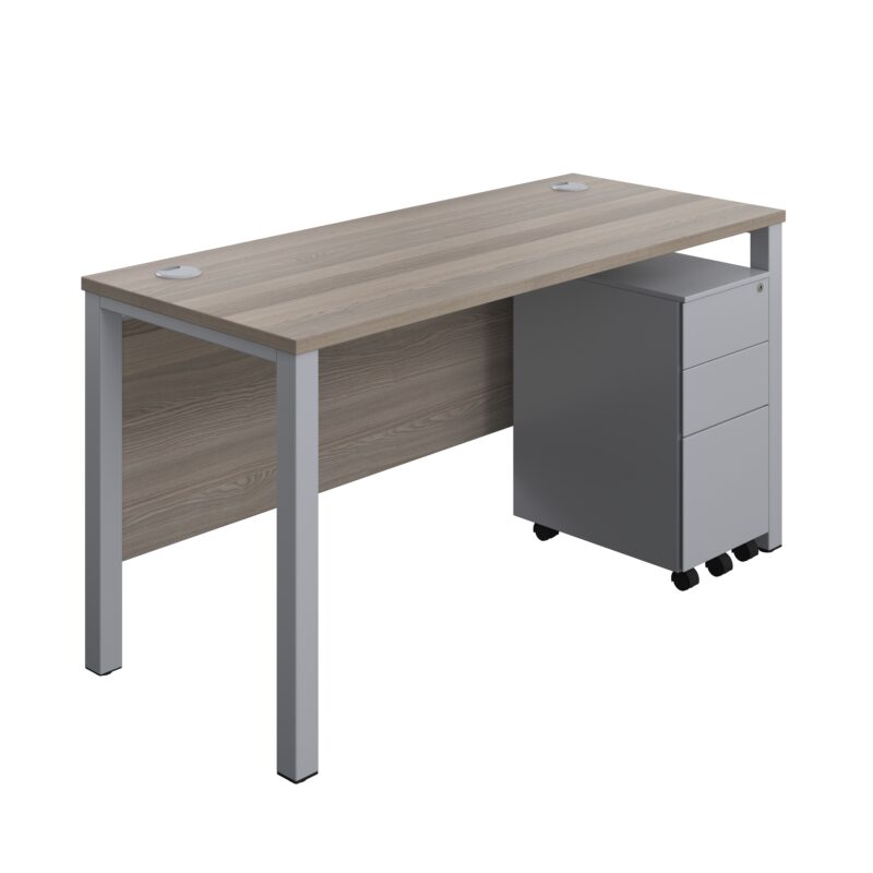 Goal Post Rectangular Desk + 3 Drawer Slimline Steel Pedestal | 1400x600 | Grey oak/Silver