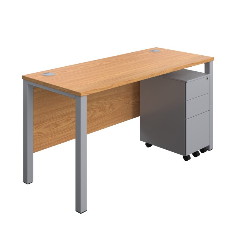 Goal Post Rectangular Desk + 3 Drawer Slimline Steel Pedestal | 1400x600 | Nova oak/Silver