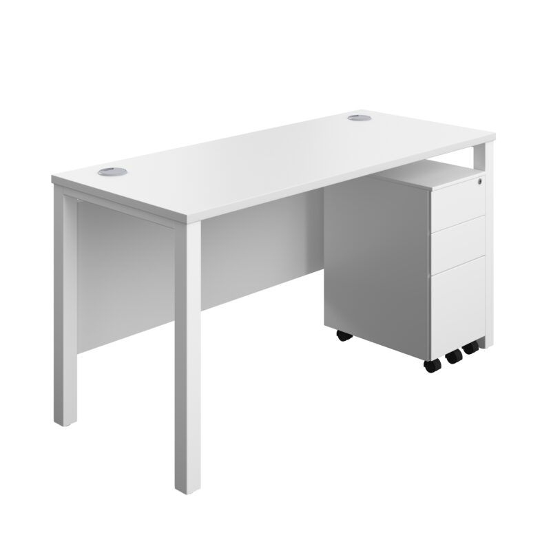 Goal Post Rectangular Desk + 3 Drawer Slimline Steel Pedestal | 1400x600 | White/White