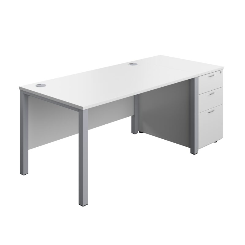 Goal Post Rectangular Desk + 3 Drawer Desk High Pedestal | 1400x800 | White/Silver