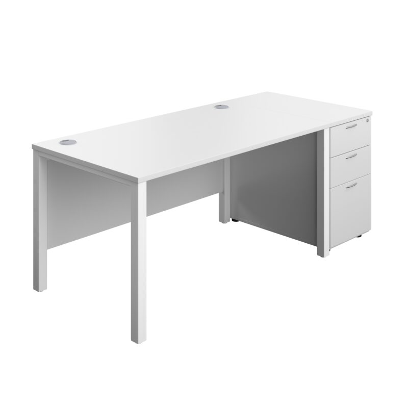 Goal Post Rectangular Desk + 3 Drawer Desk High Pedestal | 1400x800 | White/White