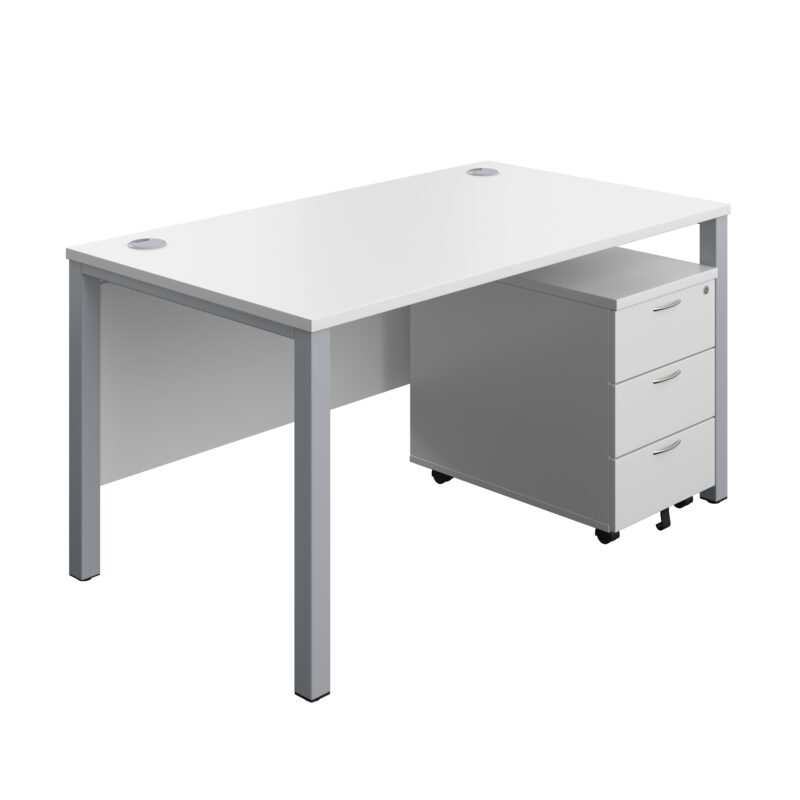 Goal Post Rectangular Desk + 3 Drawer Mobile Pedestal | 1400x800 | White/Silver