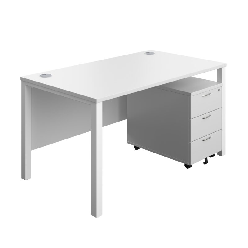 Goal Post Rectangular Desk + 3 Drawer Mobile Pedestal | 1400x800 | White/White