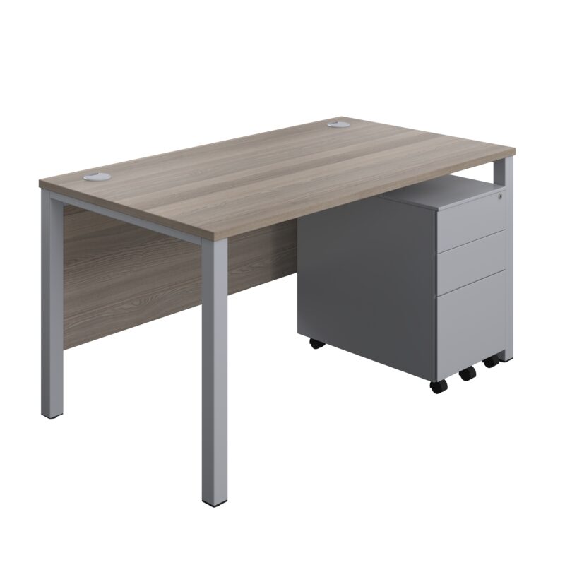 Goal Post Rectangular Desk + 3 Drawer Steel Pedestal | 1400x800 | Grey oak/Silver