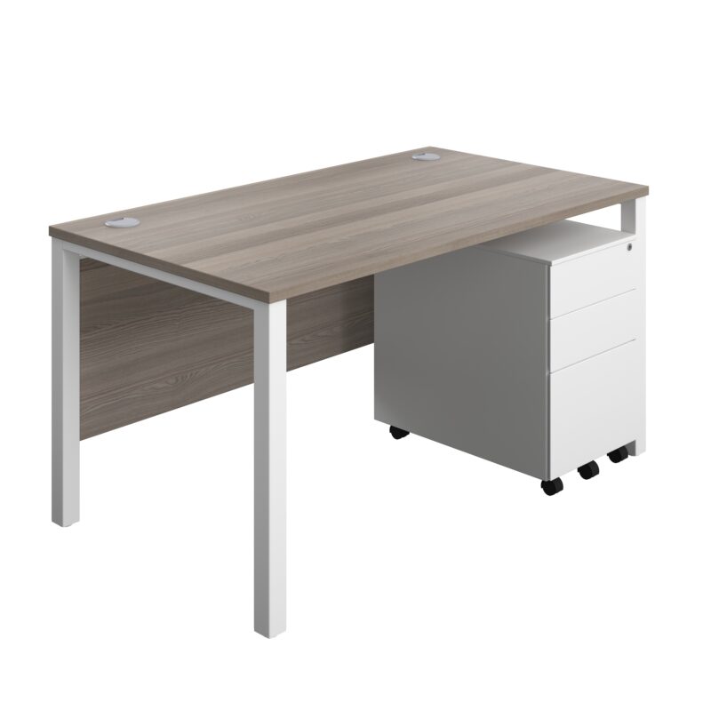 Goal Post Rectangular Desk + 3 Drawer Steel Pedestal | 1400x800 | Grey oak/White