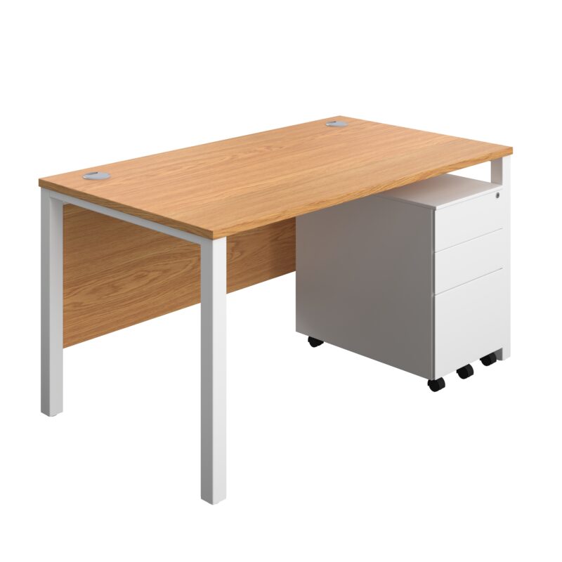 Goal Post Rectangular Desk + 3 Drawer Steel Pedestal | 1400x800 | Nova oak/White