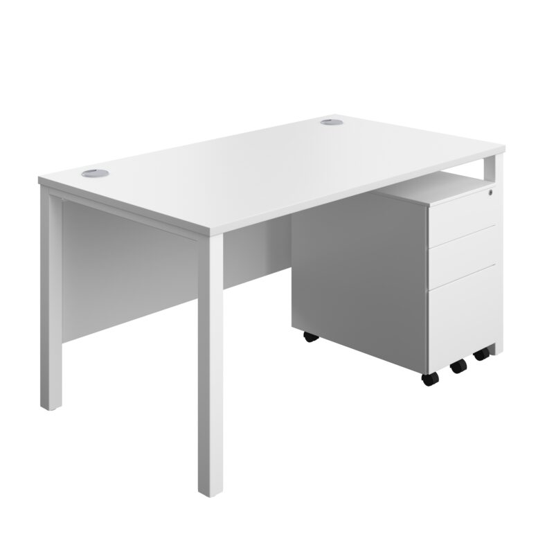 Goal Post Rectangular Desk + 3 Drawer Steel Pedestal | 1400x800 | White/White