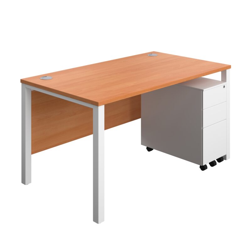 Goal Post Rectangular Desk + 3 Drawer Slimline Steel Pedestal | 1400x800 | Beech/White