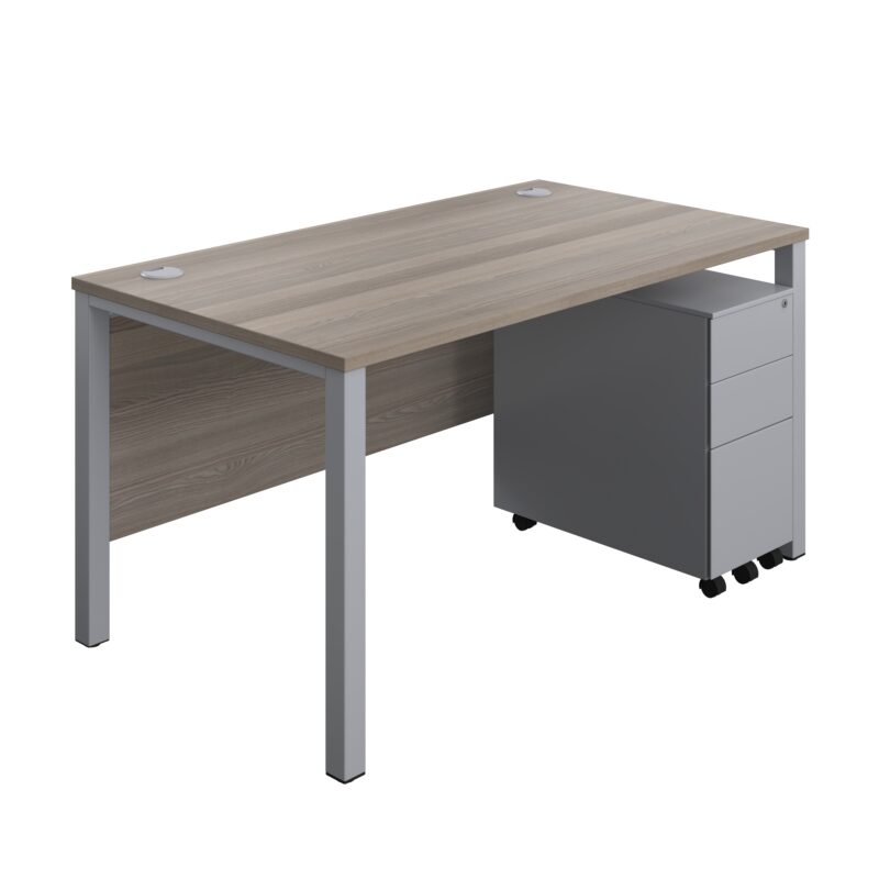 Goal Post Rectangular Desk + 3 Drawer Slimline Steel Pedestal | 1400x800 | Grey oak/Silver