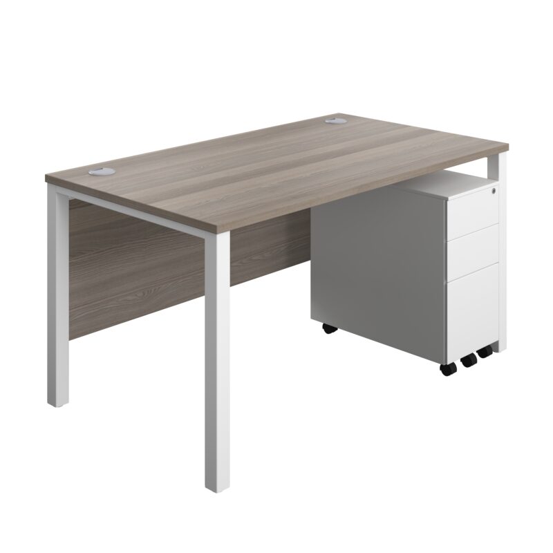 Goal Post Rectangular Desk + 3 Drawer Slimline Steel Pedestal | 1400x800 | Grey oak/White