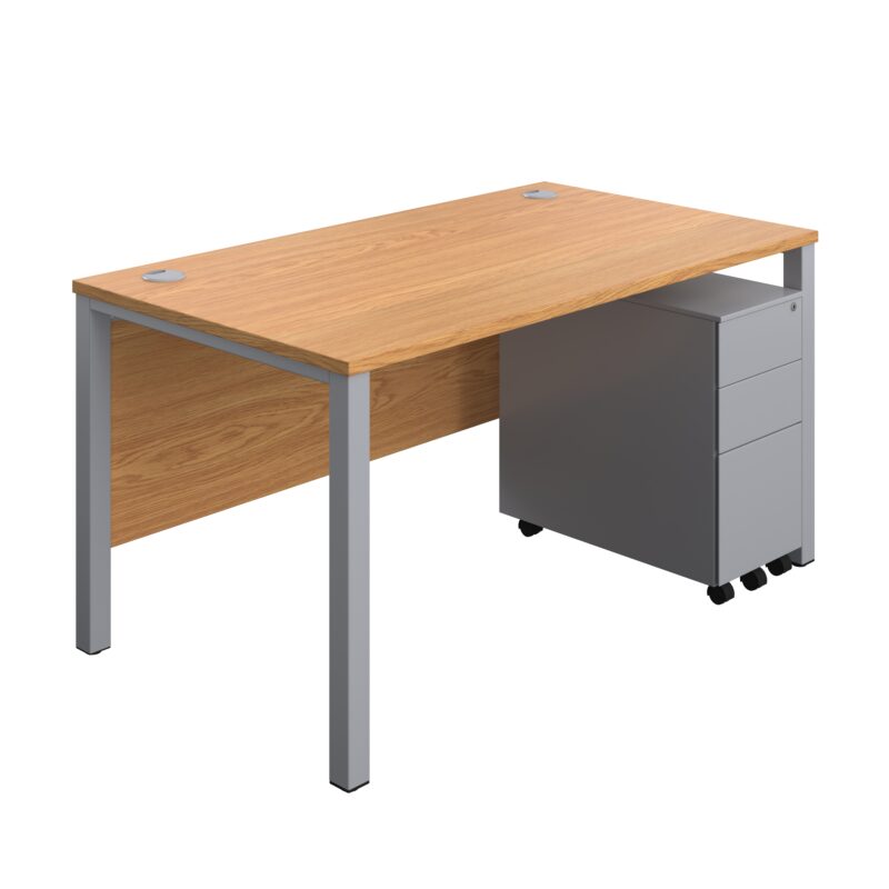 Goal Post Rectangular Desk + 3 Drawer Slimline Steel Pedestal | 1400x800 | Nova oak/Silver