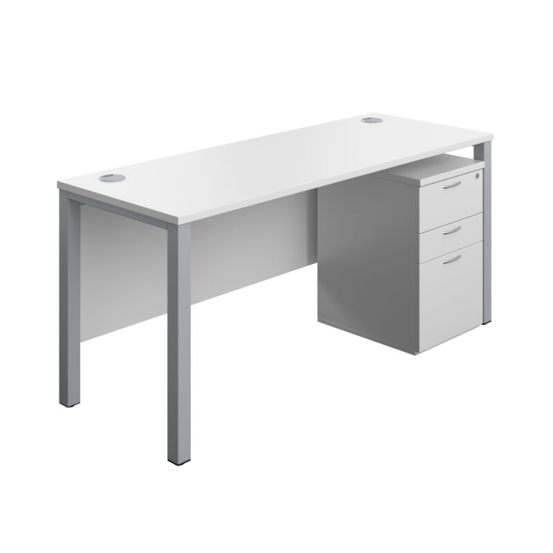 Goal Post Rectangular Desk + 3 Drawer High Mobile Pedestal | 1600x600 | White/Silver