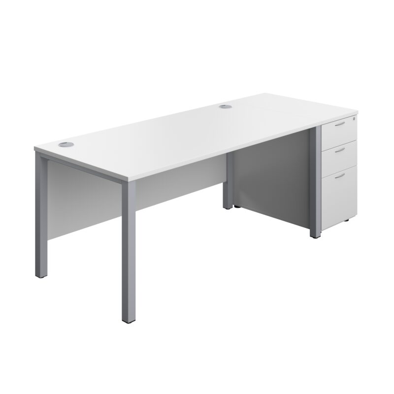 Goal Post Rectangular Desk + 3 Drawer Desk High Pedestal | 1600x800 | White/Silver