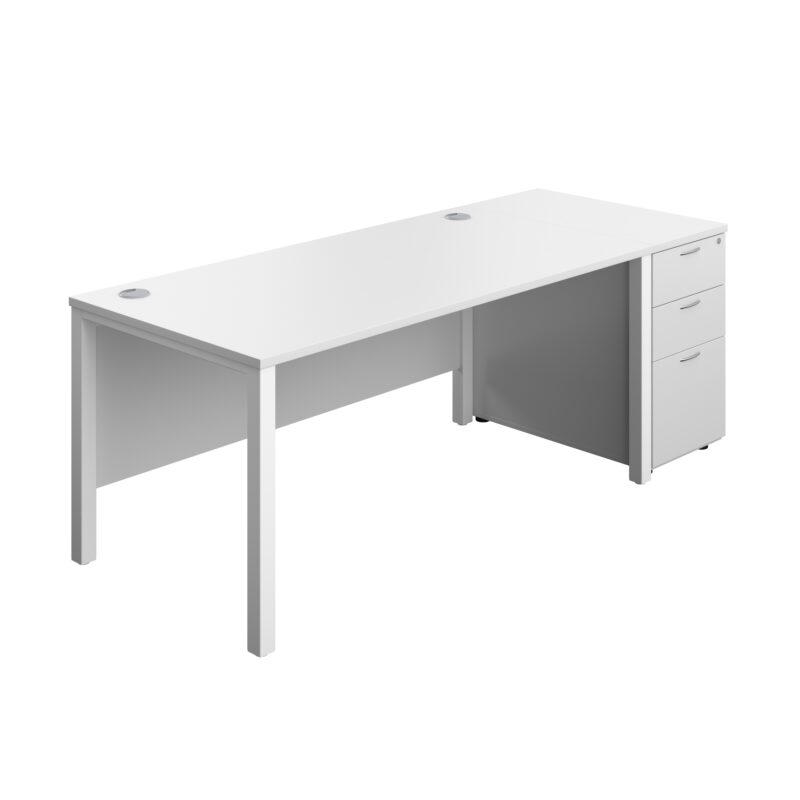 Goal Post Rectangular Desk + 3 Drawer Desk High Pedestal | 1600x800 | White/White