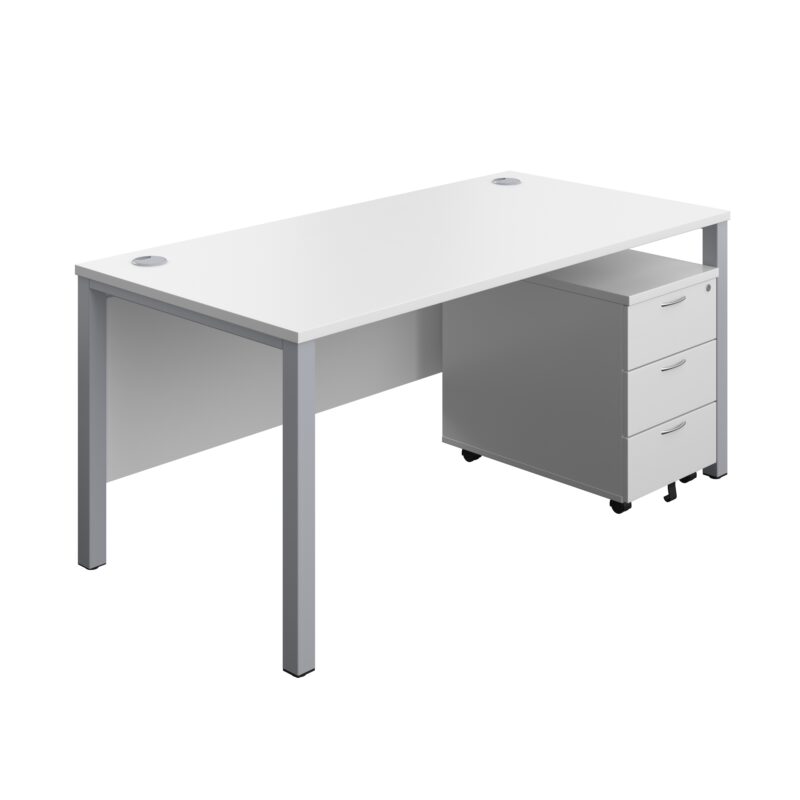 Goal Post Rectangular Desk + 3 Drawer Mobile Pedestal | 1600x800 | White/Silver