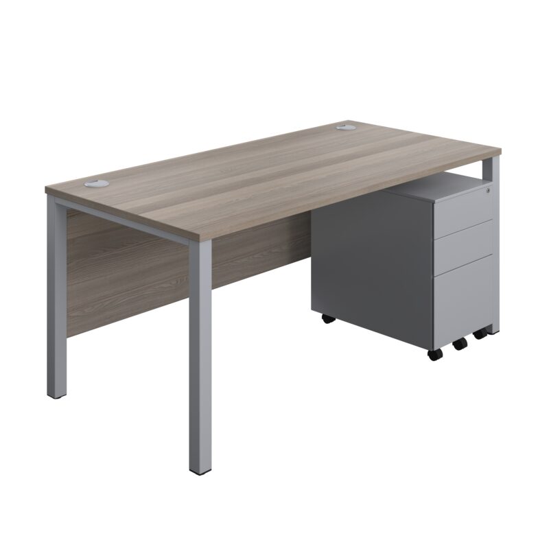 Goal Post Rectangular Desk + 3 Drawer Steel Pedestal | 1600x800 | Grey oak/Silver