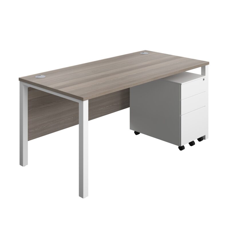 Goal Post Rectangular Desk + 3 Drawer Steel Pedestal | 1600x800 | Grey oak/White