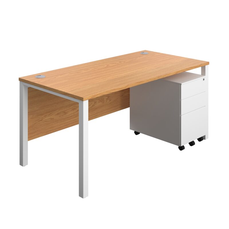 Goal Post Rectangular Desk + 3 Drawer Steel Pedestal | 1600x800 | Nova oak/White