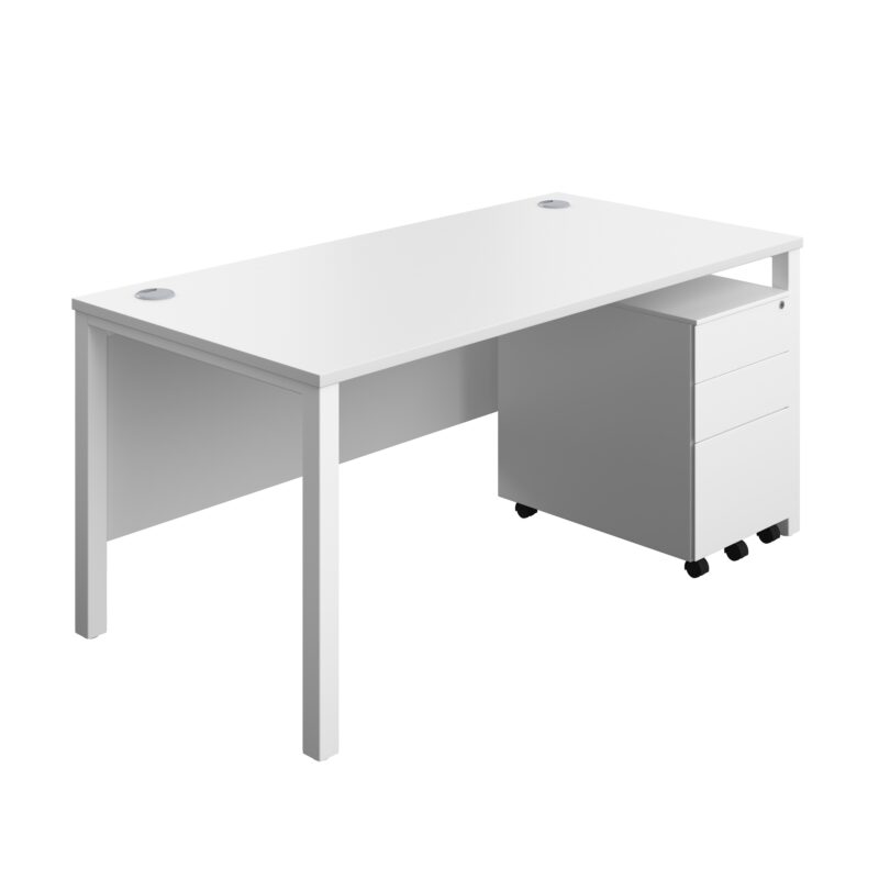 Goal Post Rectangular Desk + 3 Drawer Steel Pedestal | 1600x800 | White/White