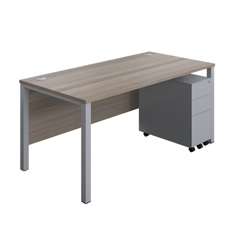 Goal Post Rectangular Desk + 3 Drawer Slimline Steel Pedestal | 1600x800 | Grey oak/Silver