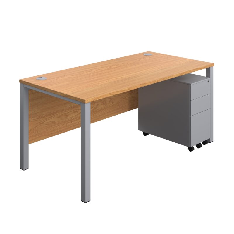 Goal Post Rectangular Desk + 3 Drawer Slimline Steel Pedestal | 1600x800 | Nova oak/Silver