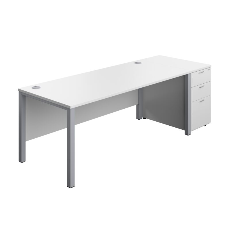 Goal Post Rectangular Desk + 3 Drawer Desk High Pedestal | 1800x800 | White/Silver