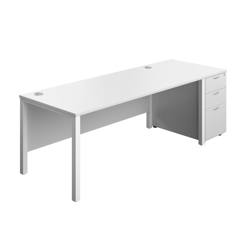 Goal Post Rectangular Desk + 3 Drawer Desk High Pedestal | 1800x800 | White/White