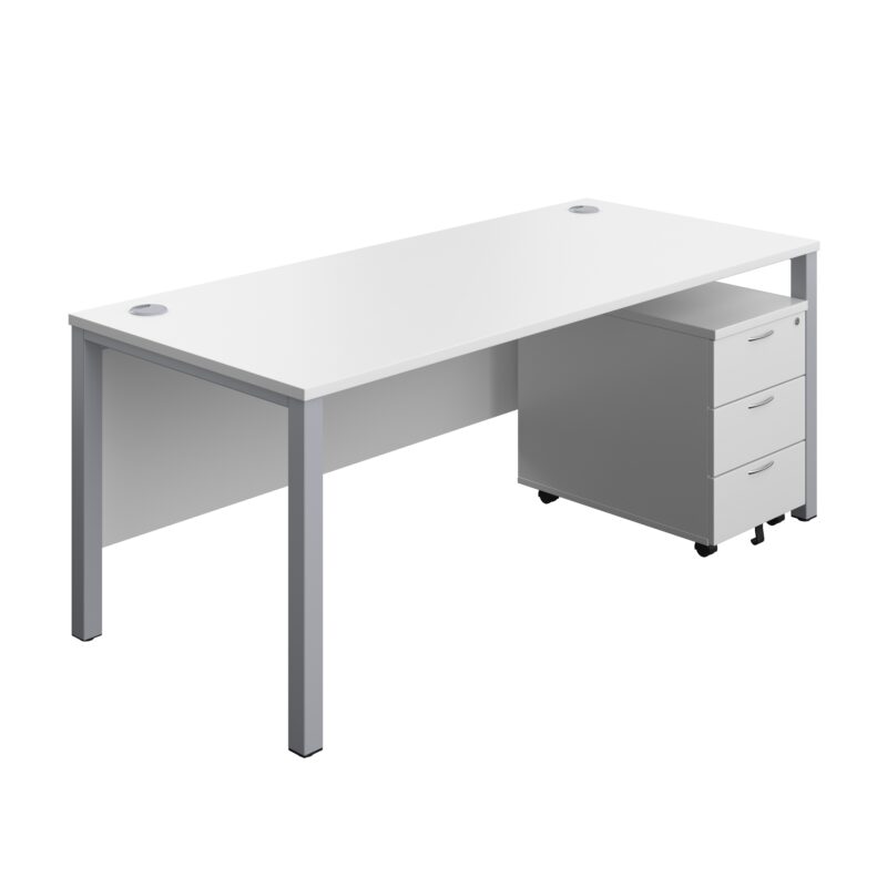 Goal Post Rectangular Desk + 3 Drawer Mobile Pedestal | 1800x800 | White/Silver