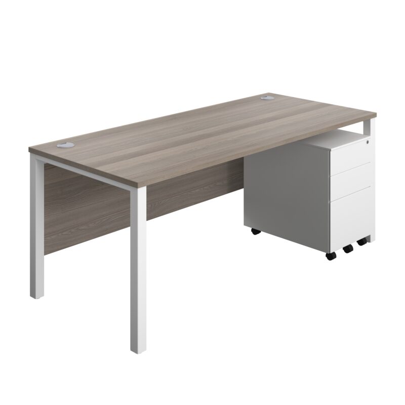 Goal Post Rectangular Desk + 3 Drawer Steel Pedestal | 1800x800 | Grey oak/White