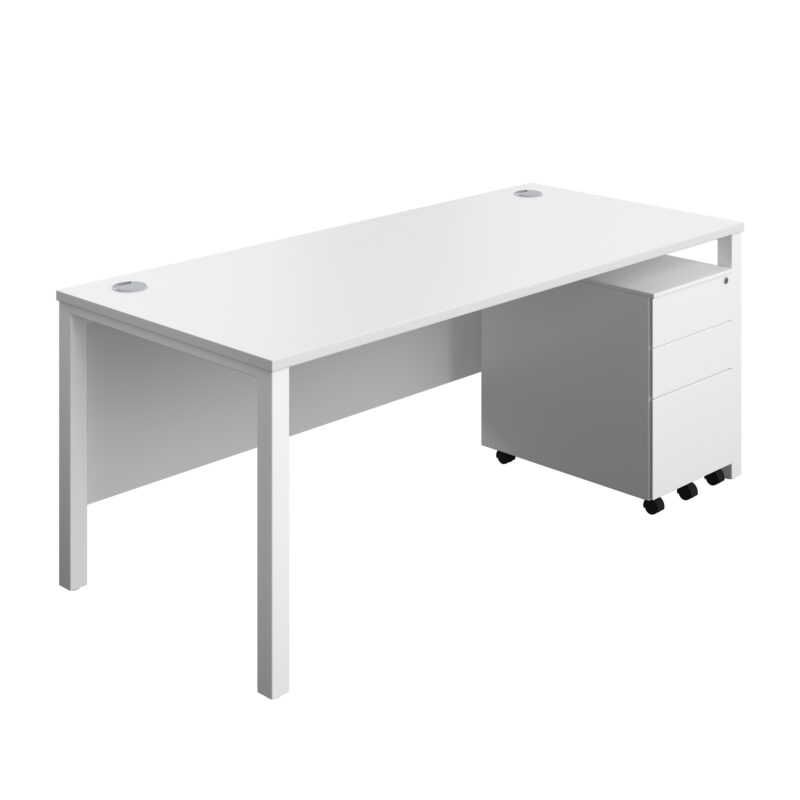 Goal Post Rectangular Desk + 3 Drawer Steel Pedestal | 1800x800 | White/White