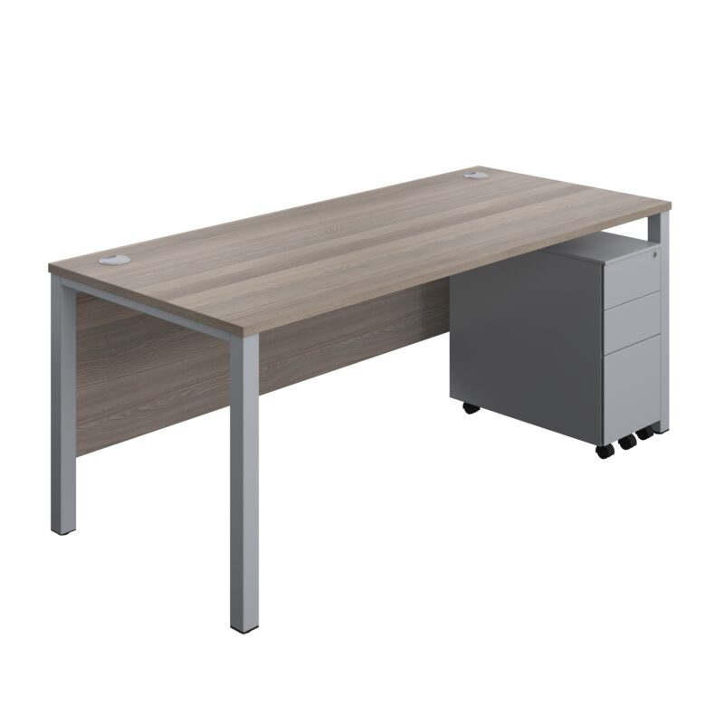 Goal Post Rectangular Desk + 3 Drawer Slimline Steel Pedestal | 1800x800 | Grey oak/Silver