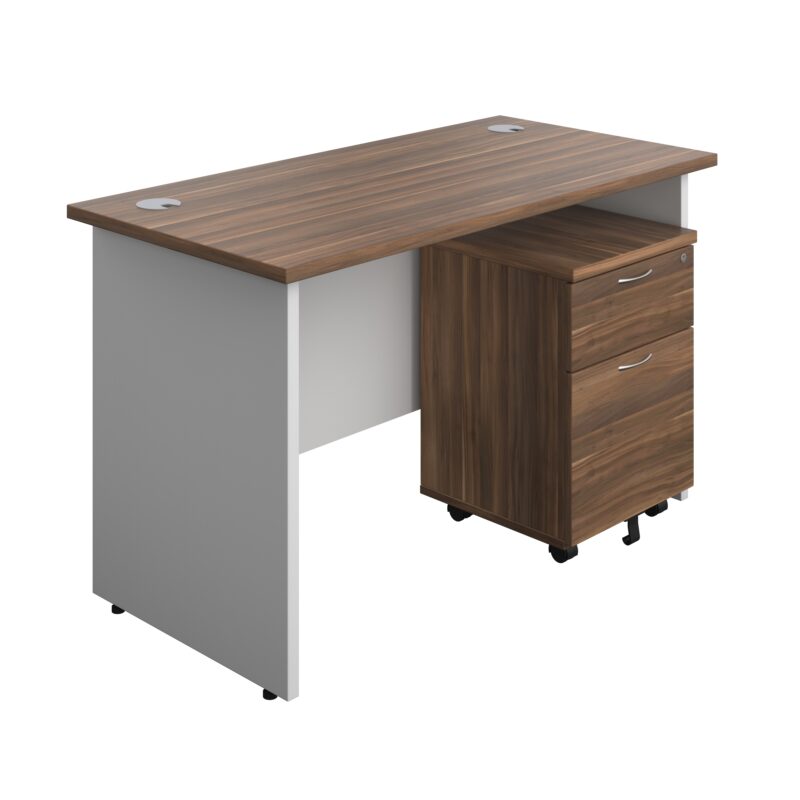 Panel Plus Rectangular Desk + 2 Drawer Mobile Pedestal Bundle | 1200X600 | Dark Walnut/White