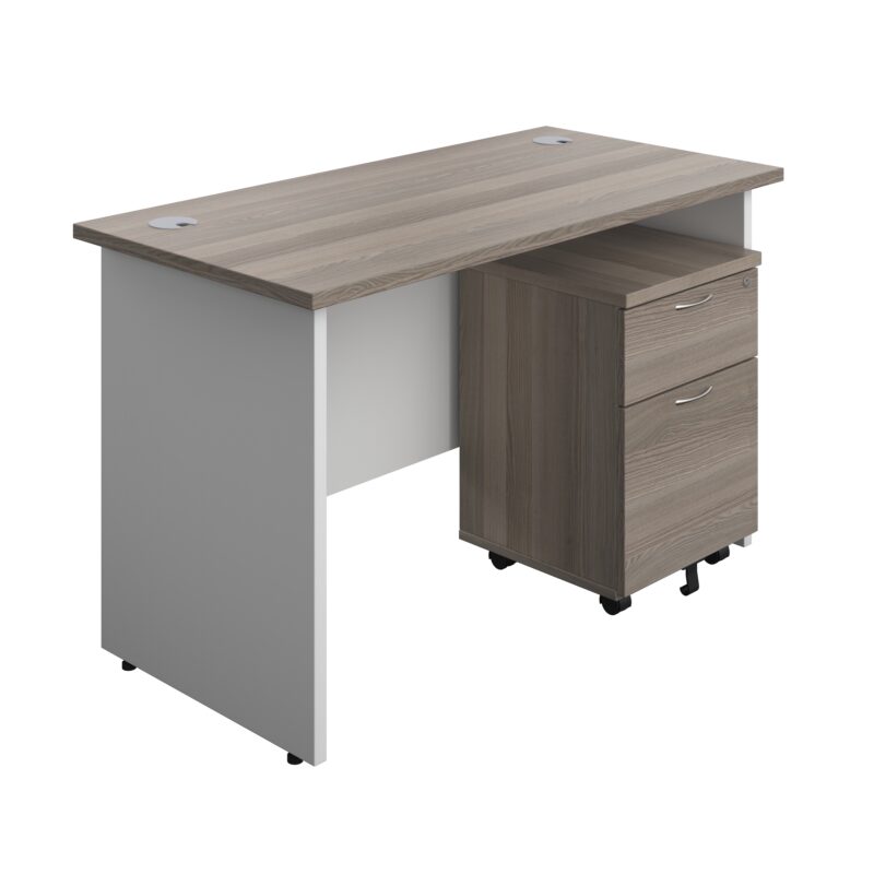 Panel Plus Rectangular Desk + 2 Drawer Mobile Pedestal Bundle | 1200X600 | Grey Oak/White