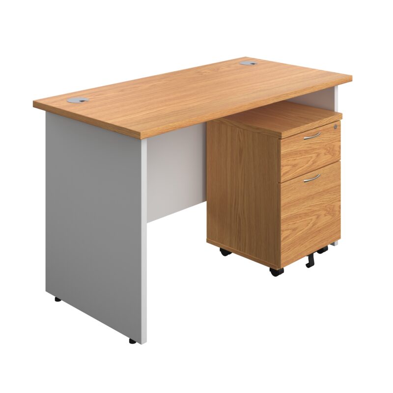 Panel Plus Rectangular Desk + 2 Drawer Mobile Pedestal Bundle | 1200X600 | Nova Oak/White