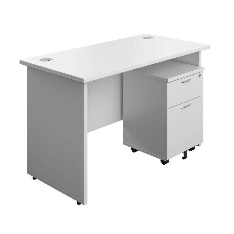 Panel Rectangular Desk + 2 Drawer Mobile Pedestal Bundle | 1200X600 | White/White