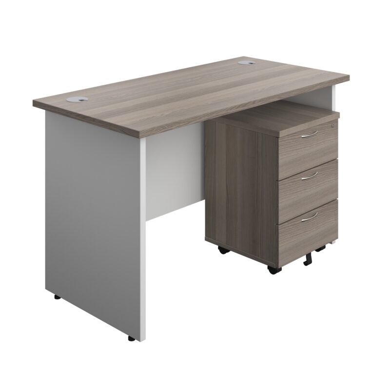 Panel Plus Rectangular Desk + 3 Drawer Mobile Pedestal Bundle | 1200X600 | Grey Oak/White