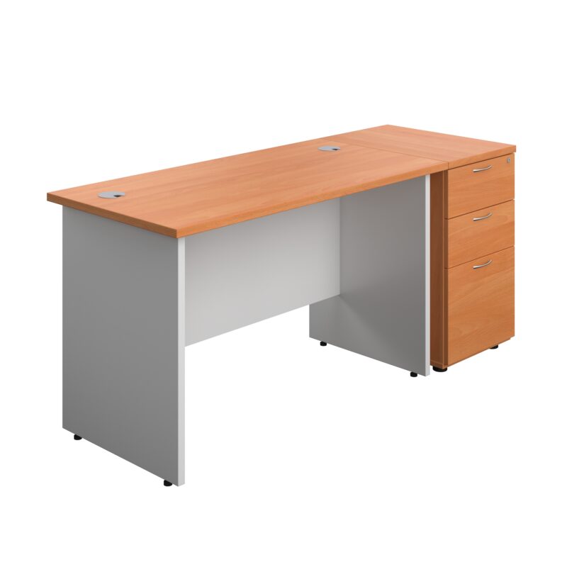 Panel Plus Rectangular Desk + Matching 3 Drawer Desk High Pedestal Bundle | 600 Pedestal | 1200X600 | Beech/White