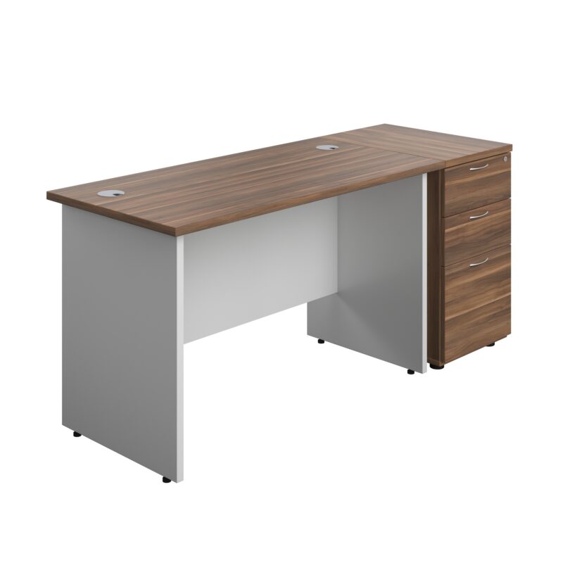 Panel Plus Rectangular Desk + Matching 3 Drawer Desk High Pedestal Bundle | 600 Pedestal | 1200X600 | Dark Walnut/White