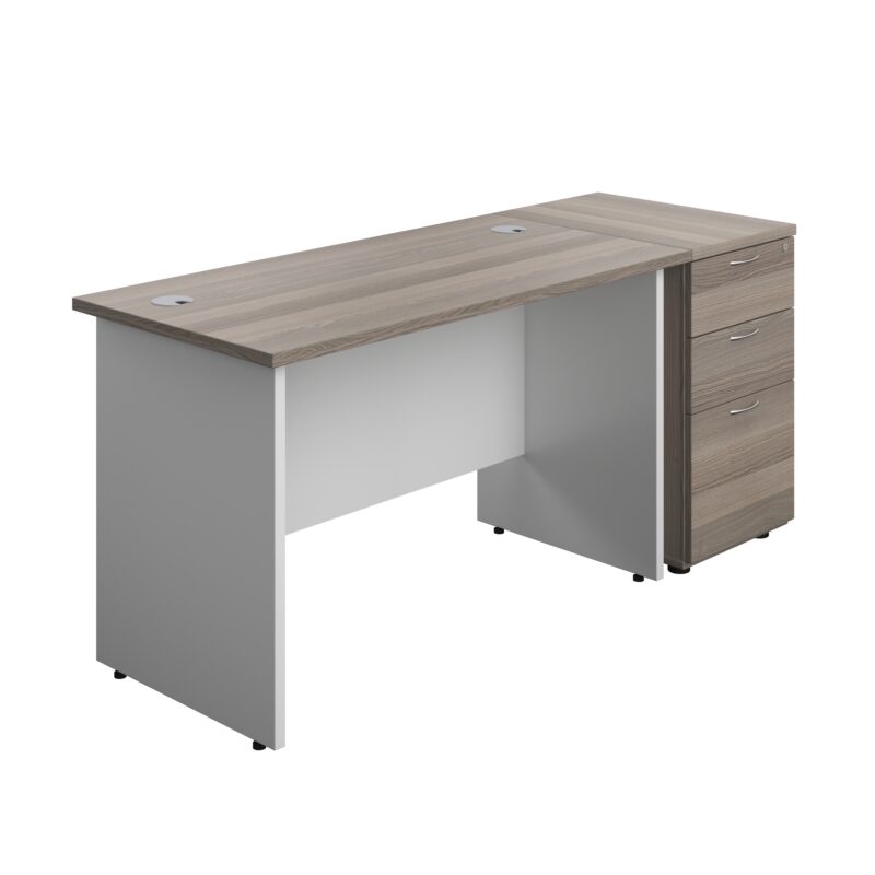 Panel Plus Rectangular Desk + Matching 3 Drawer Desk High Pedestal Bundle | 600 Pedestal | 1200X600 | Grey Oak/White