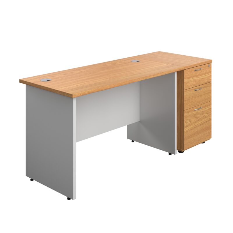 Panel Plus Rectangular Desk + Matching 3 Drawer Desk High Pedestal Bundle | 600 Pedestal | 1200X600 | Nova Oak/White