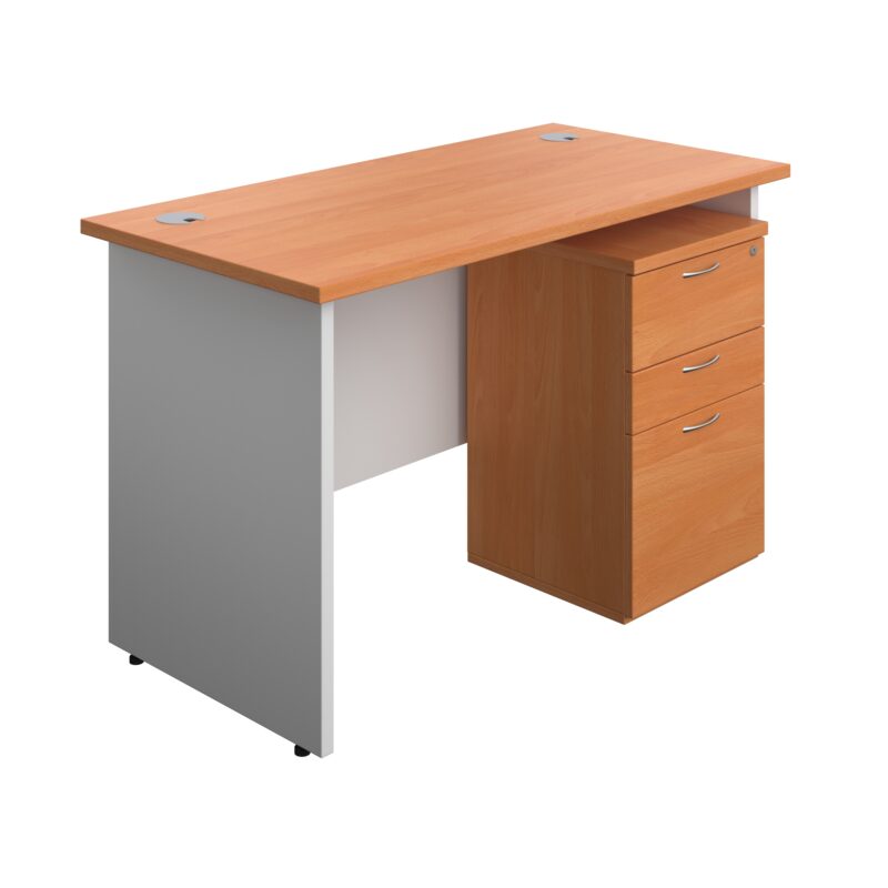 Panel Plus Rectangular Desk + 3 Drawer High Mobile Pedestal Bundle | 1200X600 | Beech/White