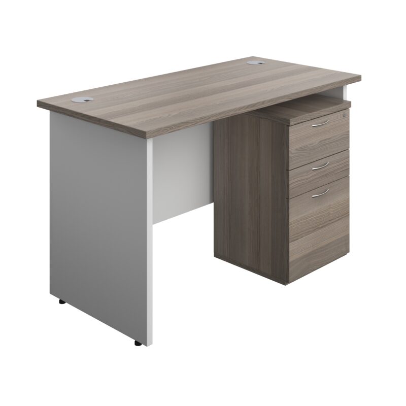 Panel Plus Rectangular Desk + 3 Drawer High Mobile Pedestal Bundle | 1200X600 | Grey Oak/White