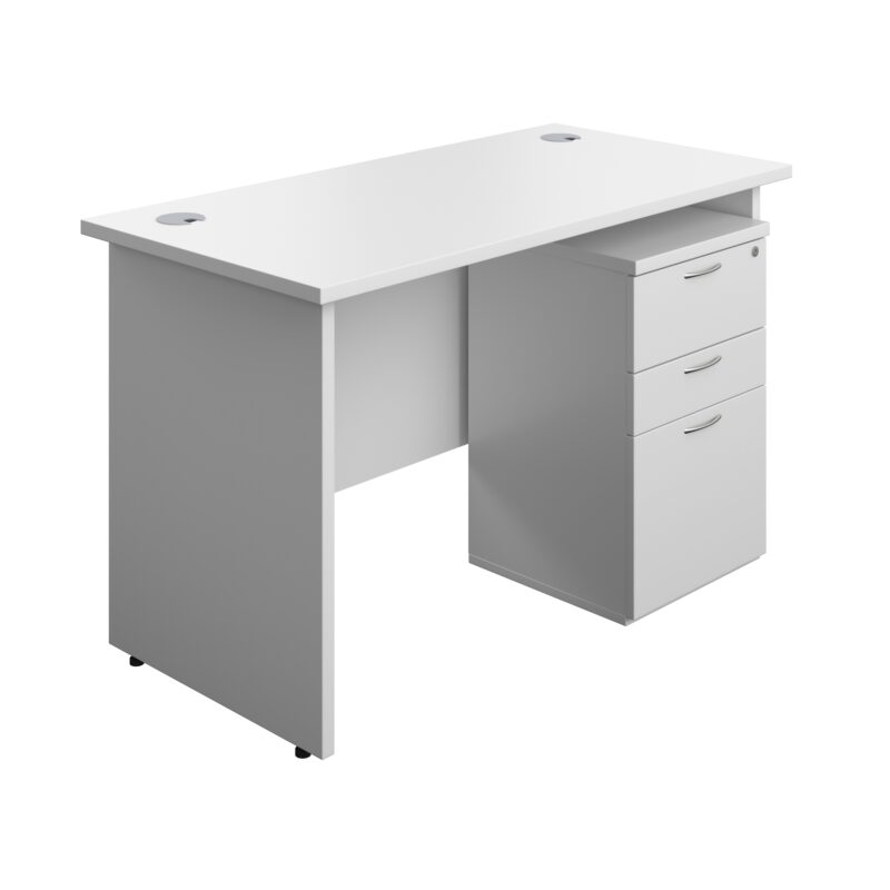 Panel Rectangular Desk + 3 Drawer High Mobile Pedestal Bundle | 1200X600 | White/White