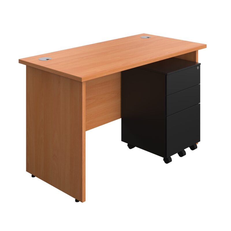 Panel Rectangular Desk + 3 Drawer Steel Pedestal Bundle | 1200X600 | Beech/Black