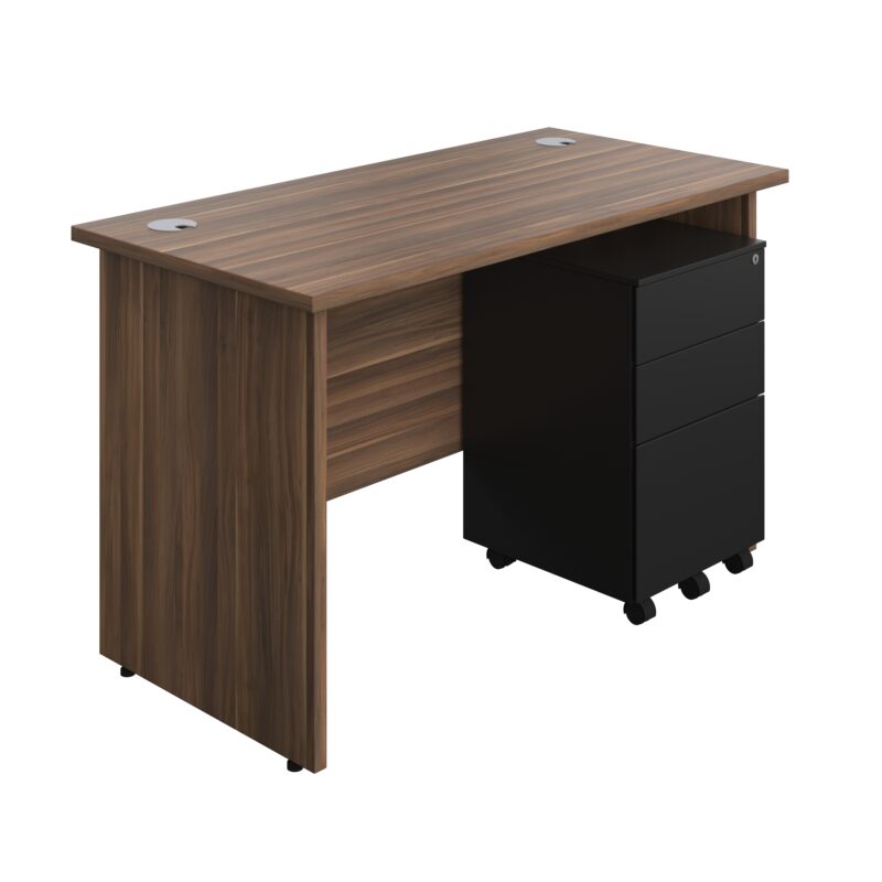 Panel Rectangular Desk + 3 Drawer Steel Pedestal Bundle | 1200X600 | Dark Walnut/Black